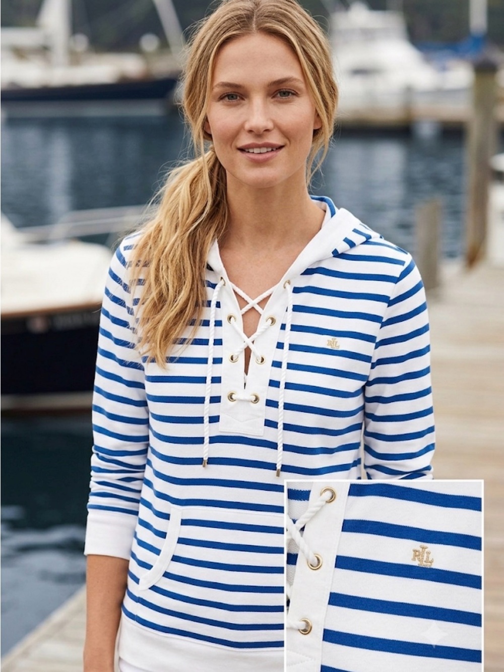 Lauren Ralph Lauren Women's Blue & White Striped Hoodie Sweatshirt Large L